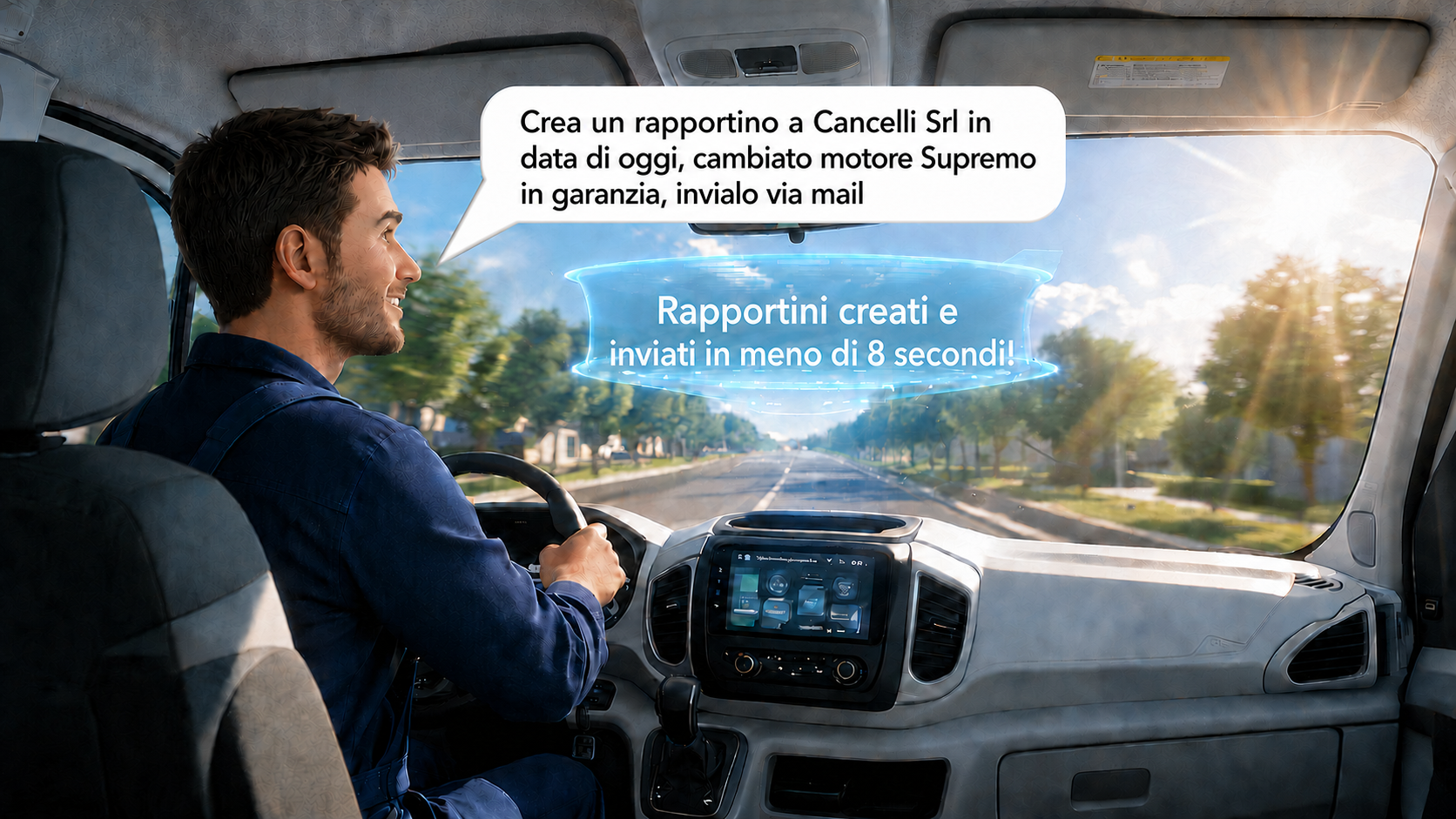 Tecnico alla guida che detta un rapportino con AI